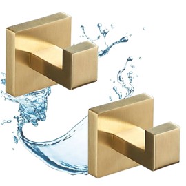Brushed Gold Bathroom Hooks Towel Hook Wall Hooks, Wall Mounted Heavy Duty Door Hanger, SUS304 Stainless Steel (2 Pack)