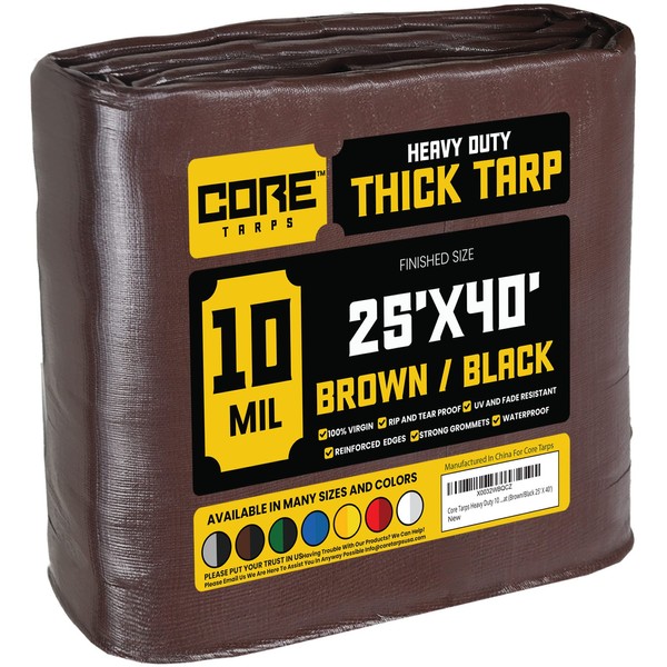 Core Tarps Heavy Duty 10 Mil Tarp Cover, Waterproof, UV Resistant, Rip and Tear Proof, Poly Tarpaulin with Reinforced Edges for Roof, Camping, Patio, Pool, Boat (Brown/Black 25′ X 40′)