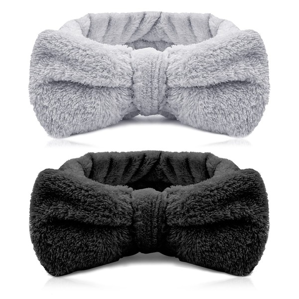 WLLHYF 2 Pack Spa Headband Bowknot Hair Band Makeup Headbands Facial Skin Care Headband Towel Head Wrap for Washing Facial Shower Yoga Sports (Black/Gray)