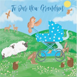 Hunts England - To Our New Grandson New Baby Card - Newborn - Blue Pram - Card From Grandparents - Countryside Collection