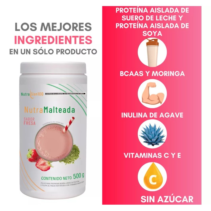 NutraSien100 Malteada Nutrasien100 Sin Azúcar Fibra 500g Sabor Fresa