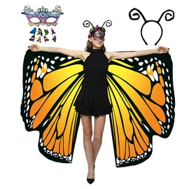HAPNBCELE Orange-Yellow Butterfly Wings Costume for Women Double-Sided Butterfly Fairy Dress up Wings Cape Shawl Masquerade Lace Masks Headband Hair Clips(11 PCS)