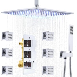 Senlesen Thermostatic LED Full Body Shower Set Faucets with Massage Jets Ceiling Mounted - 12-inch, Chrome