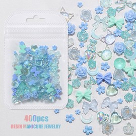 3D Nail Charms, 400 Pcs Multi Shapes Flower Bow Bear Heart Nail Art Charms Nail Rhinestones Gems Resin Nail Art Decorations Accessories Nail Jewels for Nail Design DIY Crafts (Blue)