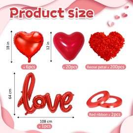 Valentine's Day Decoration Set, Romantic Decoration Set, Red Heart-Shaped Foil Balloons, 6 Heart Foil Balloons, 200 Red Rose Petals, 20 Heart Balloons, for Marriage Proposal, Engagement, Wedding