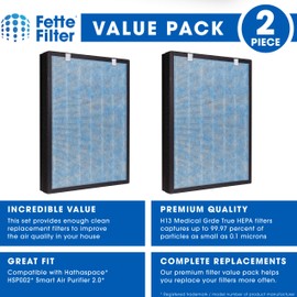 Fette Filter - HSP002 Premium True H13 HEPA Replacement Filter Compatible with HATHASPACE HSP002 Smart True HEPA Air Purifier 2.0 5-stage HEPA filtration System Includes 2 True Hepa Filters.