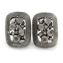Hematite Crystal Rectangular Clip On Earrings In Antique Silver/Vintage Inspired - 25mm L