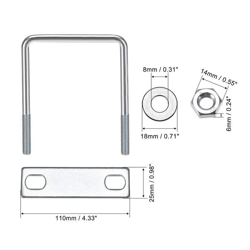 sourcing map Square U-Bolts 3-1/8"(80mm) Inner Width Carbon Steel M8