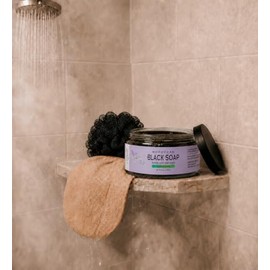 8 Oz Moroccan Black Soap -Luscious Lavender Scent with Added Argan Oil Plus Kessa Exfoliating Glove - Producto Original de Alta Calidad, Entrega Rápid