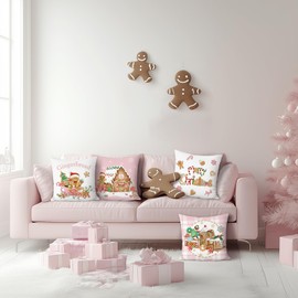 Bonhause Christmas Gingerbread Cushion Covers 45 x 45 cm Truck Gingerbread House Hot Cocoa Pink Decorative Throw Pillow Covers for Sofa Bed Home Winter Holiday Decor Set of 4
