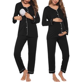 Ekouaer Maternity Pajama Set Button Down Nursing Pajamas Long Sleeve Breastfeeding Loungewear with Adjustable Pants Black