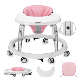 Uuoeebb One-Touch Folding Baby Walker, Anti-Roll 8-Wheel Round Chassis, 7-Speed Height Adjustment, with Large Dinner Plate and Brake, 6-18 Months Baby Walker, Pink