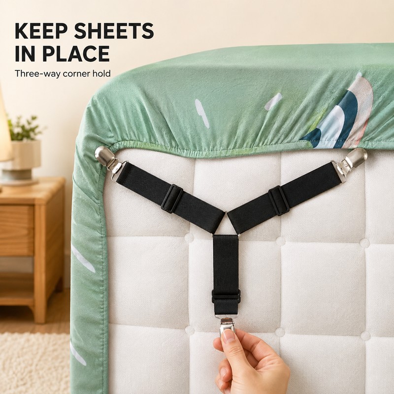 Adjustable Crisscross Bed Sheet Holder Straps with 12 Clips, Black