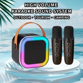 Mini Karaoke Machine for Kids Adults, Portable Bluetooth Speaker with 2 Wireless Mics and LED Light,5 Variable Voice, for Home Party for Adults,Birthday Gift for Girls/Boys Ages 3-12+ Years wireless  karaoke - Color: black
