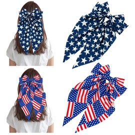4th of July Hair Clips for Women 2PCS Red White Blue Blue-Star Elements USA Flag Big Bows Oversized Long Tail Design with Non-Slip Alligator Clips Patriotic Independence Day Memorial Day Accessories
