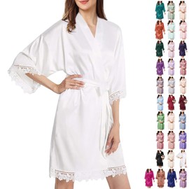 WJing Yi Jia Womens Silk Robe Satin Robe Silky Kimono Lace Bathrobe Sleepwear Wedding For Bridal Bride Bridesmaid Robes