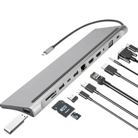 Estación De Acoplamiento Usb C, 12 En 1 Usb C Hub, Monitor Dual Adaptador Universal Docking Station With 2 Tipo C HDMI VGA Gigabit Ethernet, Visualización Extendida Multipuerto USB 3.0 Para Laptop