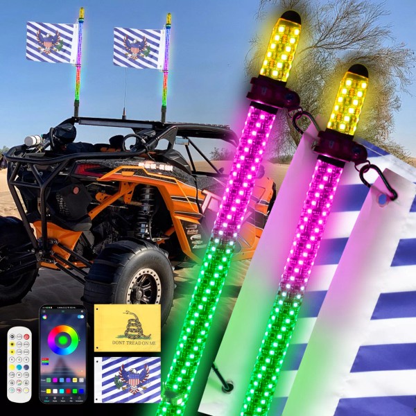 Aaiwa 2X 4FT Spiral LED Whip Light Antennas RGB Chase
