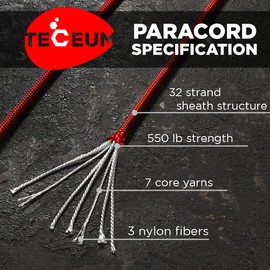 TECEUM Paracord Type III 550 Red (Fire) – 1000 ft – 4mm – Tactical Rope MIL-SPEC – Outdoor para Cord – Camping Hiking Fishing Gear – EDC Parachute Cord – Strong Survival Rope 021