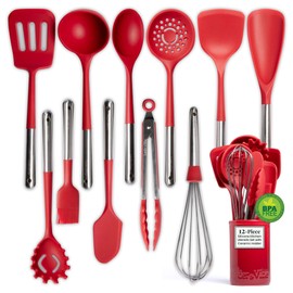 Larder & Vine 12-Piece Silicone Kitchen Cooking Utensils Set with Stainless Steel Handle and Ceramic Holder, Dishwasher Safe Set of Kitchen Essentials (Cabernet)
