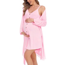 SWOMOG Women's Hospital Gown Labor and Delivery 2 Piece Maternity Nightgown and Robe Set Button Down Pregnancy Pajamas (Pink, Large)