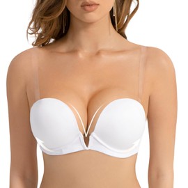 Amafuur Women's Deep V Plunge Padded Push Up Bras with Clear Straps Backless Convertible Low Cut Underwire Bra White 42C