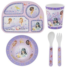 Lesser & Pavey Rpet Eating Mermaid Set for Eating & Kitchen | All-in-One Plates and Bowls Set with Spoon & Fork | Printed Dinner Set for Home | BPA Free Healthy Material Eating Set for Kids & Adults