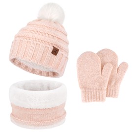 Toddler Kids Winter Warm Knit Beanie Hat Neck Warmer Scarf Gloves Set with Pompom Fleece Gifts for 0-5 Years Old Girls Boys