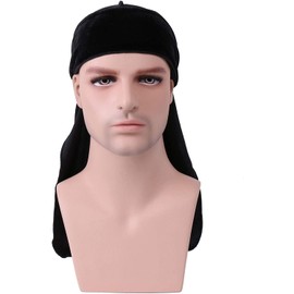 Huliyhus Deluxe Velvet Durag with Long Tail Silky Durag Headwraps for 360 Waves Pirate Cap Hip-hop Cape Hat Turban Headwear, Black, Large