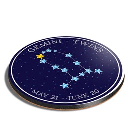 1 x Round Coaster - Gemini Constellation Stars Horoscope Cork Backed MDF Glossy Tea Coffee Accessory #7474
