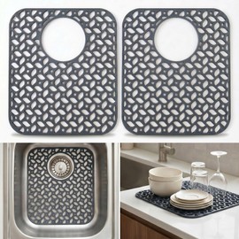 Myirxcv Sink Protectors for Kitchen Sink, 13.5" x 11.4" Non-Slip Silicone Sink Mat Grid for Bottom of Farmhouse & Stainless Steel Sinks, Rear Drain Hole, Heat Resistant, Raised Feet(2 Pack, Grey)