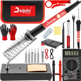 DELPHI Soldering Iron Set 60 W Soldering Station 23 in 1 Soldering Set with Temperature Adjustable 200-450 °C, 6 x Soldering Tips Soldering Kit with On/Off Switch, Soldering Iron Stand Soldering Set