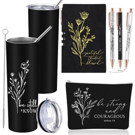 Funnymoom 6 Pcs Inspirational Religious Gift 20 oz Aesthetic Christian Tumbler Makeup Bag A6 Leather Journal Ballpoint Pens Christmas Gift Church Sunday School Gift for Women(Black)