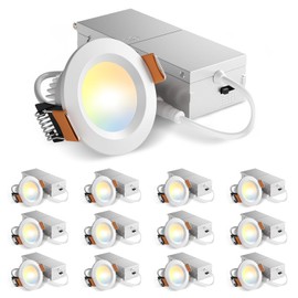 Amico 12 Pack 2 Inch 5CCT Ultra-Thin LED Canless Recessed Ceiling Light with Junction Box, 2700K/3000K/3500K/4000K/5000K Selectable, CRI90+, 6W=40W, 350LM, Dimmable Canless Wafer Downlight-ETL&FCC