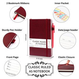 feela 3 Pack Notebooks Journals Bulk with 3 Black Pens, A5 Hardcover Notebook Classic Ruled Lined Journal Set with Pen Holder for Work Business Journaling Note Taking, 120 GSM, 5.1”x8.3”, Wine