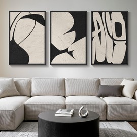 Large Framed Neutral Abstract Wall Art for Living Room, 3 Piece Black and Beige Modern Canvas Prints Paintings Artwork for Walls, Minimalist Abstract Pictures for Hallway, Office Wall Decor 24x36 In