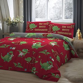Bedlam - Christmas Dinosaur Duvet Cover - Single Bedding Size (140 x 200cm) - Reversible (2 Colours) - 1x Pillowcase Included - Santasaurus Cartoon Children's Christmas Duvet Cover Christmas Bedding