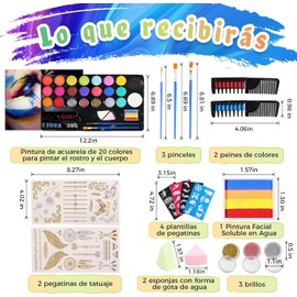 Pintacaritas Base Agua, Kit de 20 Colores Pintura Facial y Corporal, Pintura para Maquillaje Artistico, con Polvos para El Cabello, Pinceles y Plantillas, para Halloween, Navidad, Año Nuevo y Cosplay