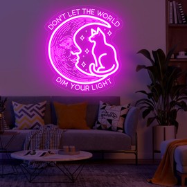 Don’t Let The World Dim Your Light Neon Sign – LED Wall Light with Cat and Moon Design for Boho Bedroom, Inspirational Room Decor, Gift for Cat Lovers