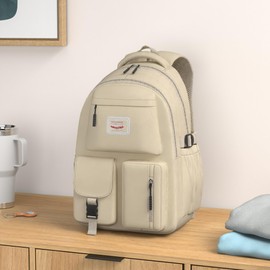 FIORETTO Lightweight School Backpack Womens, Cute School Bag for Girls, Laptop Rucksack Backpack for School Casual Daypacks Travel Backpack for College Work Beige