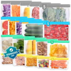 Reusable Zipiock Bags BPA Free Reusable Sandwich Snack Bags Extra Thick Leak Proof Freezer Storage Bags for Food Marinate Meat Fruit Toiletries (20Pack-5XLarge+5Large+5Medium+5Small)