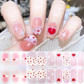 6 Sheets Valentines Day Gel Nail Stickers Red Heart Gel Nail Polish Strips Romantic Rose Love Glitter Self Adhesive Design Holiday Stickers Full Wrap Gel Nail Strips with No UV for Women Acrylic Nails