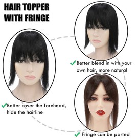 Elailite Women's Toupee, Straight Hair Topper with Fringe, Clip-In Hair Pieces, Extensions, Hair Thickening, 150% Density, 7 x 13 cm Base, 35 cm, 44 g, #01 Black