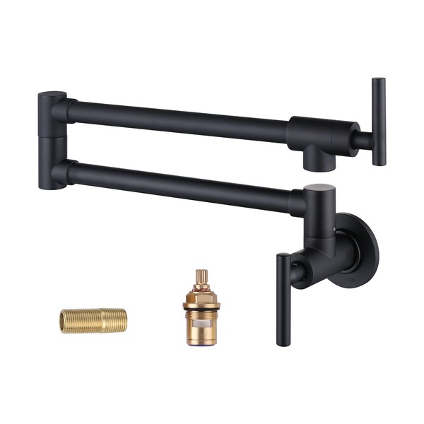 WOWOW Pot Filler Faucet Matte Black Commercial Wall Mount Stove Faucet, Brass Pot Filler Folding Faucet Over Stove, Kitchen Pot Faucet with Double Joint Swing Arms