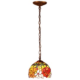 Bieye L10127 Rose Tiffany Style Stained Glass Ceiling Pendant Light Fixture with 7-inch Wide Lampshade