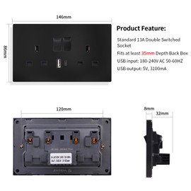 JIMEIDA Black Double Switched Power Socket 5 Pack 13 Amp with USB-A and Type-C Charging Ports Crystal Wall Outlet Power Socket 146mm*86mm