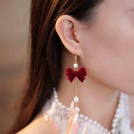 Aneneiceera Vintage Velvet Bow Pearl Earrings Red Suede Bow Earrings Long Tassel Pearl Dangle Hook Earrings Bridal Red Bowknot Drop Earrings Jewellery for Women and Girls, Zinc