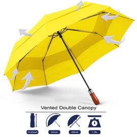 Lejorain Large Folding Umbrella Windproof - Auto Open Close Folding Umbrellas Windproof Heavy Sturdy with Wooden Handle for Women Men