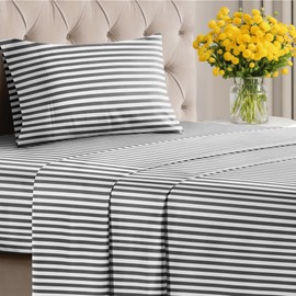 3 Piece Striped Sheets for Twin XL Size Bed – Luxury Flat Sheet 66 x 102, Fitted Sheet 39 x 80 and 1 Pillowcase 20 x 30 – Deep Pocket, Black and White Pinstripe Bed Sheets – Oeko-TEX Stripe Sheet Set