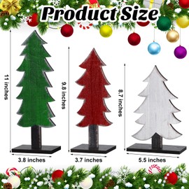 Meooeck 3 Pcs Rustic Christmas Decor Tabletop Christmas Tree Decorations Farmhouse Wood Trees Wooden Tree Centerpieces for Tables Rustic Xmas Decor with Rectangular Base for Home(Green, White, Red)